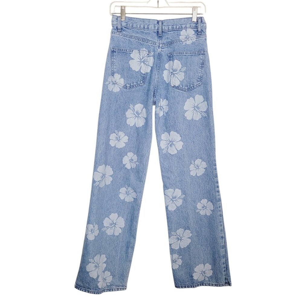 Zara Floral Printed Wide Leg Jeans Sz 4 Casual Trendy High Rise Light Wash - Picture 4 of 8